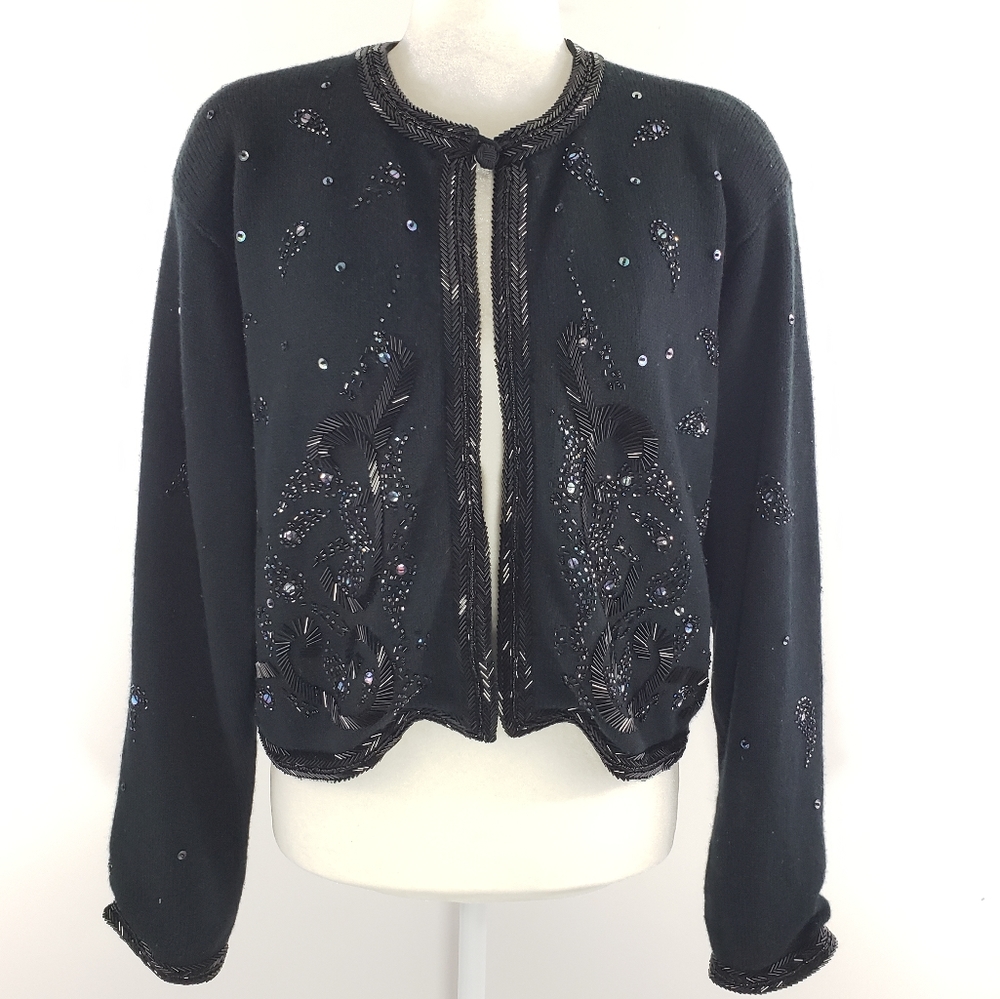 Vintage Liz Claiborne Black Beaded Cardigan Sweater Size MP Dressy Embellished